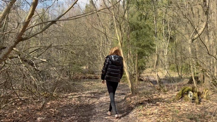 Housebeautyheels - A girl walks barefoot through a spring forest, where mud is ankle-deep