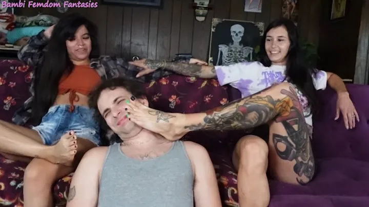 Bambi Femdom Fantasies - Greasy Rose & Violet Ray - Girlfriends Ruin Bambi's Night (Part One) - foot domination, foot worship, lesbians cuckolding, foot smother, foot smelling, foot gagging, bondage, handcuffs