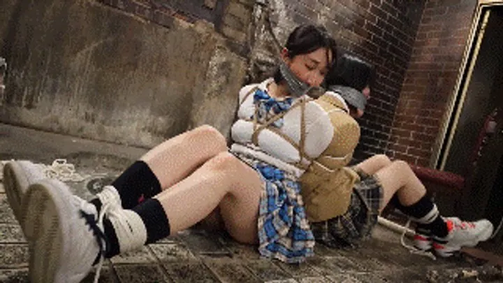 Hollyrope Omega - MADE IN JAPAN 33: Two naive schoolgirls Akane and Kanon Sugawara take a shortcut through an underground tunnel and end up tightly tied up back to back by a foreigner criminal and cruelly wraparound tape gagged!