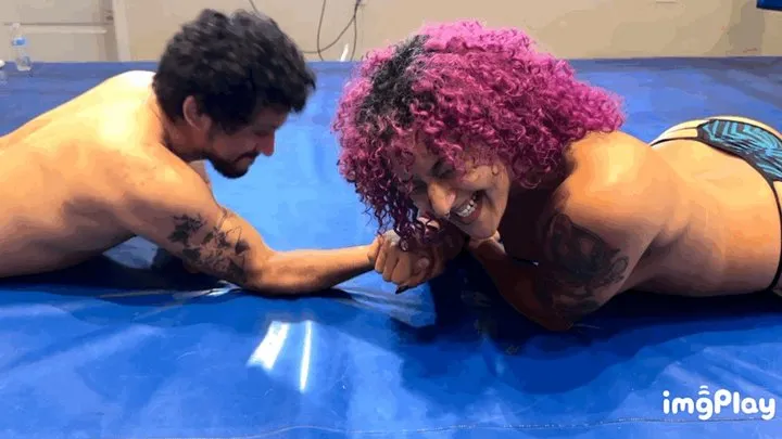 Protein Wrestling - Part 1 starring newcomers Daisy Ducati vs Paulie Short in a Topless Competitive Mixed Arm Wrestling Match 100% Real