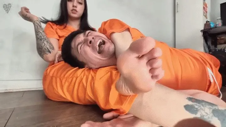 Fetish Machine Femme - Sexy Prisoner girl Wrestling and Foot dominate a new male prisoner