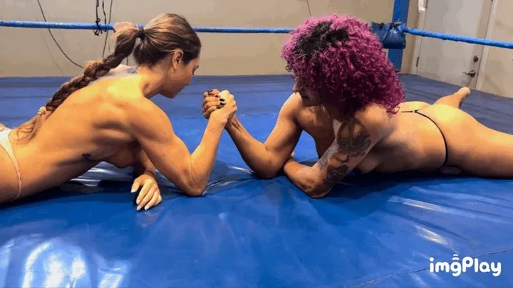 Protein Wrestling - Part 1 Anastasia Vini vs Daisy Ducati in a topless competitive arm wrestling match 100% real
