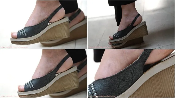 Footfetishamateur - Amazing candid arched feet and hot bareheels with wedge sandals, ingnoring foot fetish close-up.