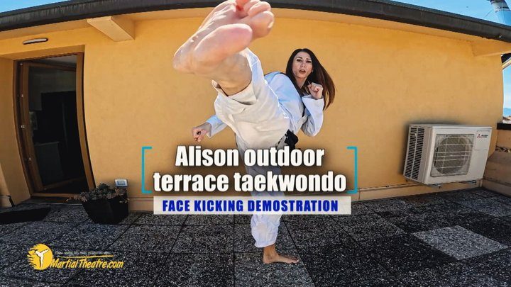Martial Fetish - Alison outdoor terrace tkd face kicking demostration